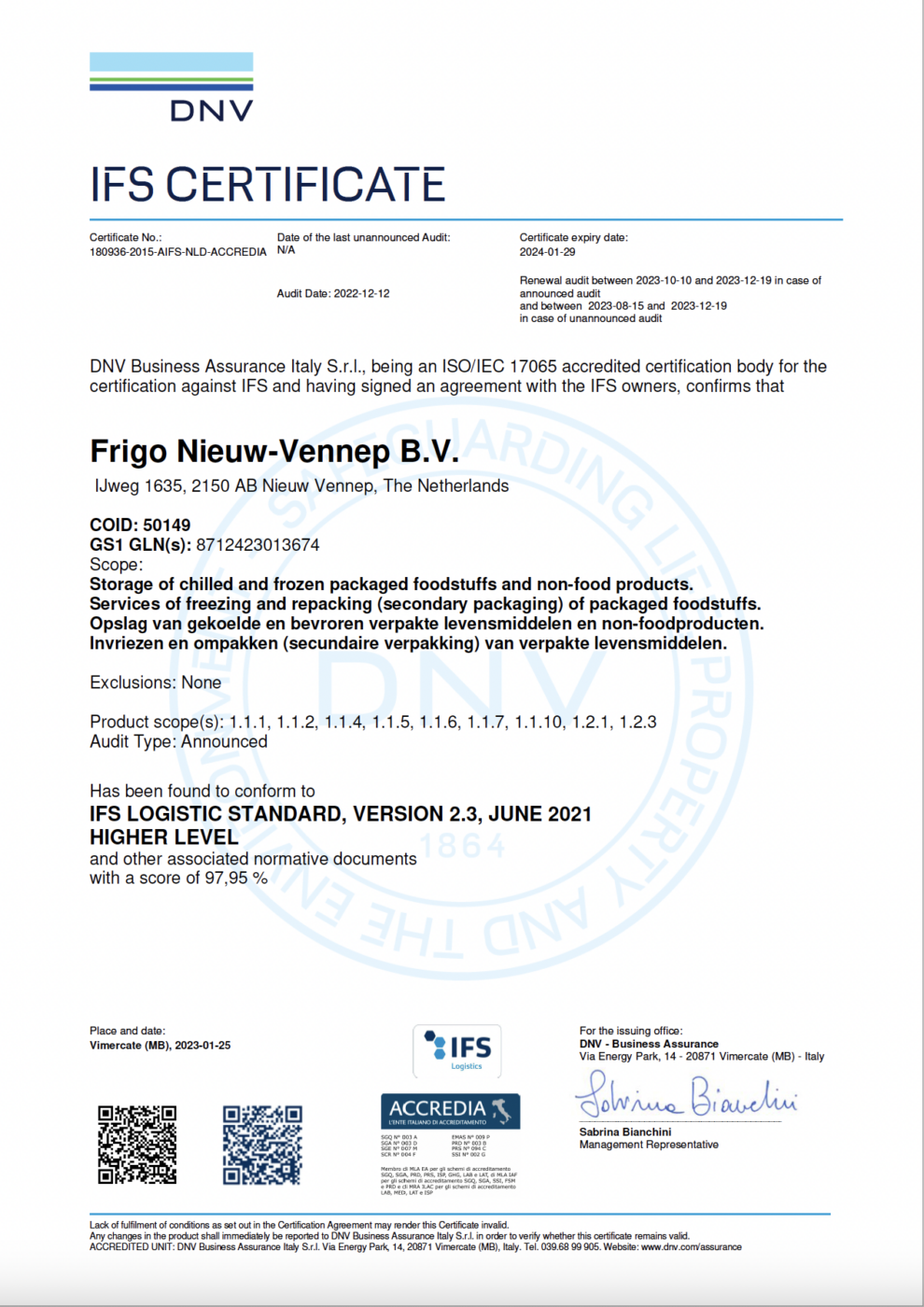 2022IFS certificate Frigo group