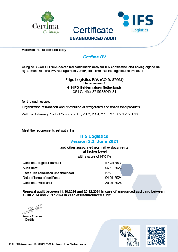 2023 IFS certificate Frigo group